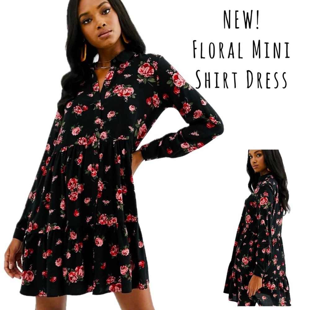 NWT! Flower Print Collared Shirt Mini Dress- by Stradivarius